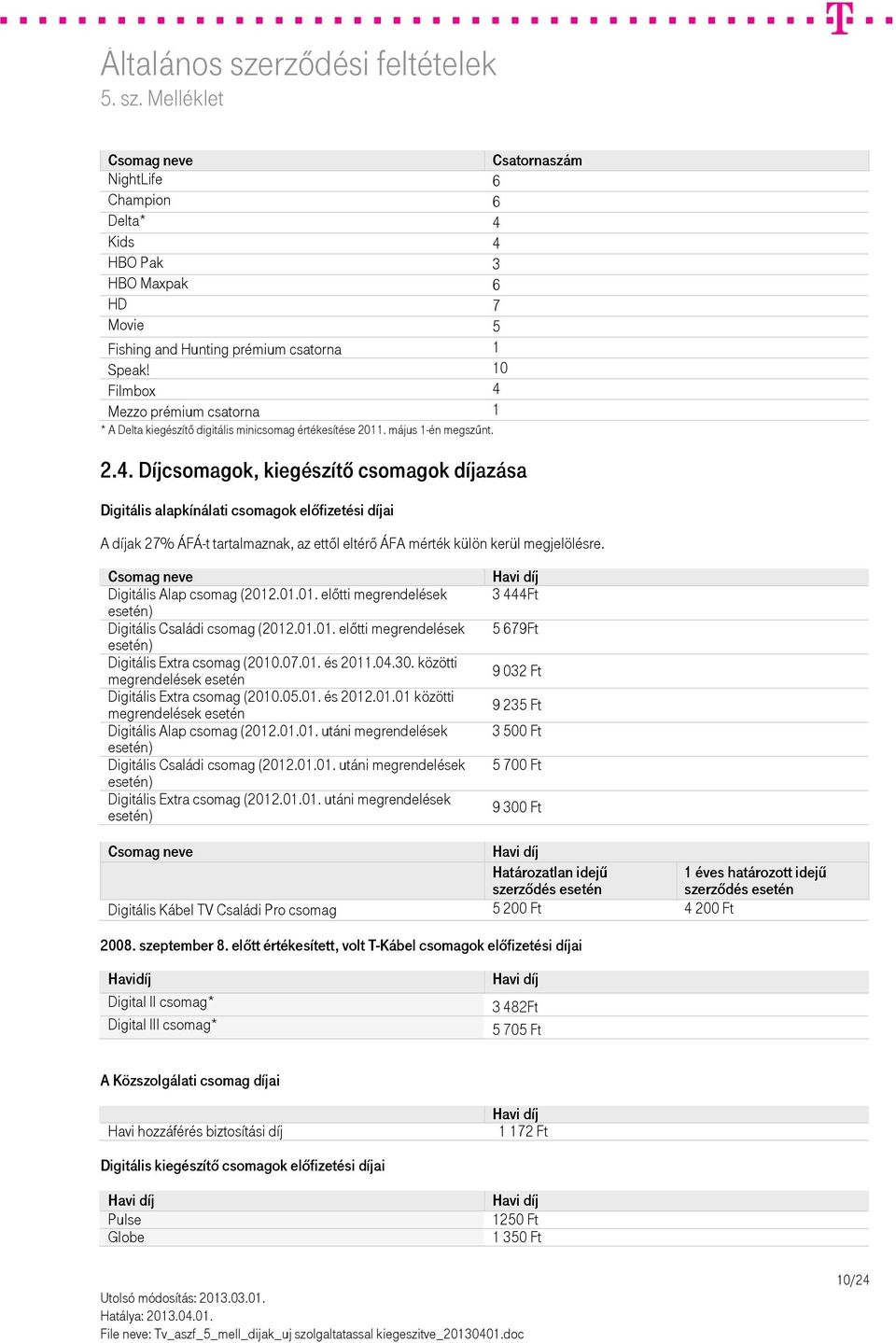 Digitális (2012.01.01. előtti megrendelések esetén) Digitális (2012.01.01. előtti megrendelések esetén) Digitális Extra csomag (2010.07.01. és 2011.04.30.