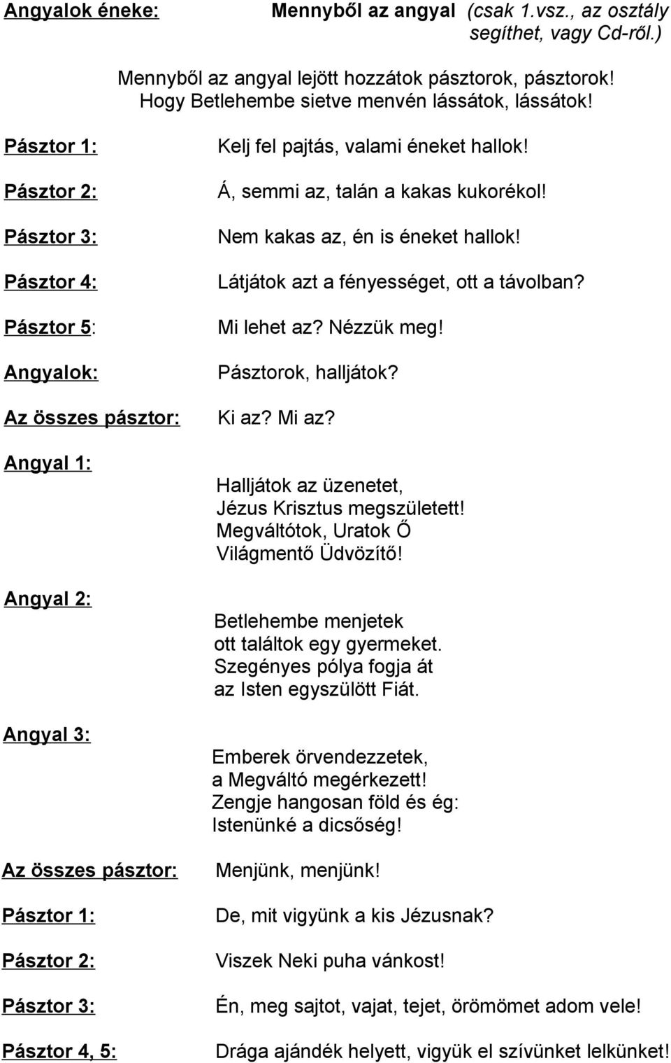 Á, semmi az, talán a kakas kukorékol! Nem kakas az, én is éneket hallok! Látjátok azt a fényességet, ott a távolban? Mi lehet az? Nézzük meg! Pásztorok, halljátok? Ki az? Mi az?