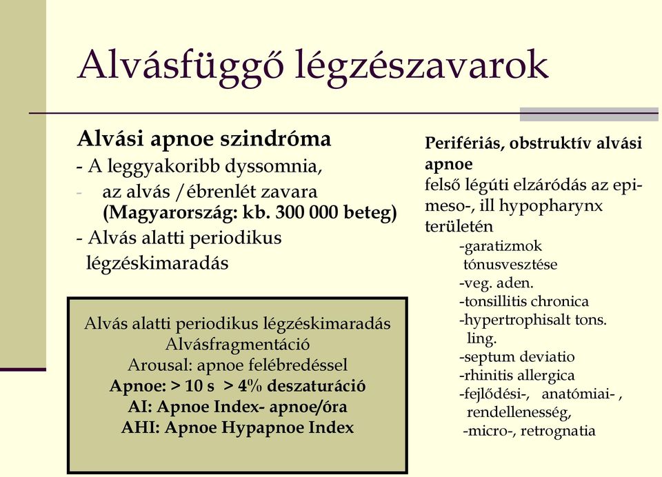 4% deszaturáció AI: Apnoe Index- apnoe/óra AHI: Apnoe Hypapnoe Index Perifériás, obstruktív alvási apnoe felső légúti elzáródás az epimeso-, ill hypopharynx