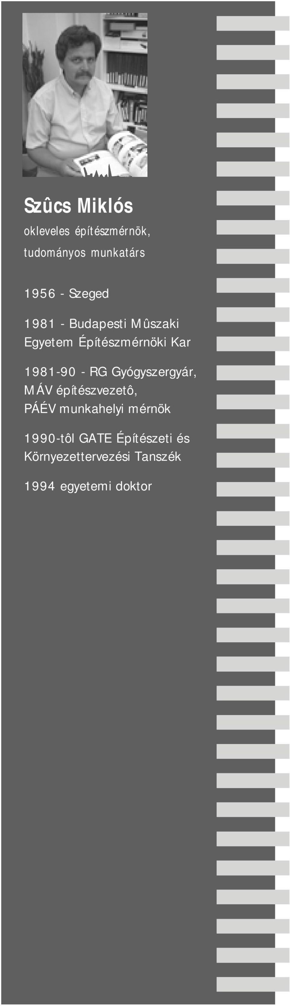 - RG Gyógyszergyár, MÁV építészvezetô, PÁÉV munkahelyi mérnök