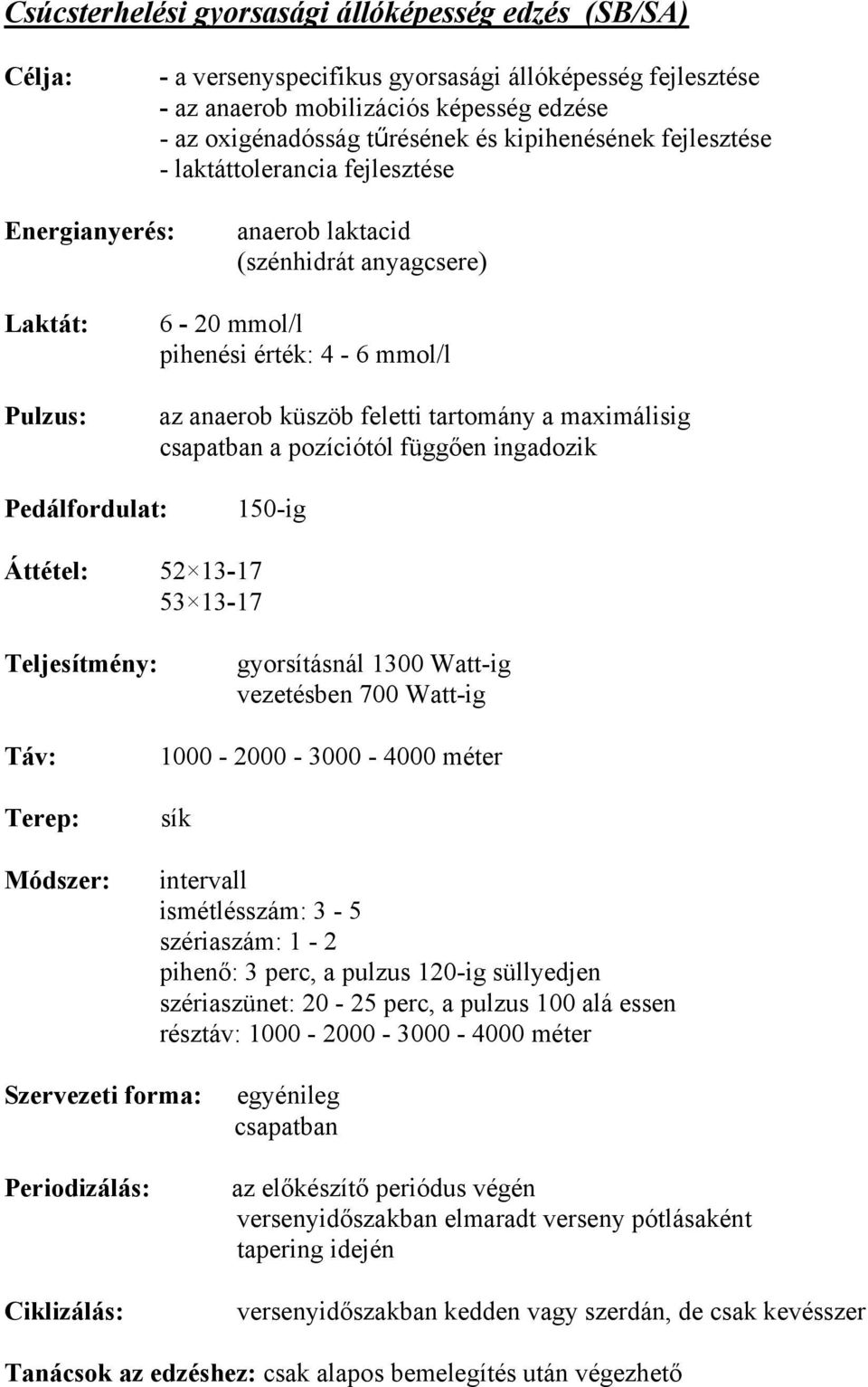 függően ingadozik Pedálfordulat: 150-ig Áttétel: 52 13-17 53 13-17 Teljesítmény: Táv: Terep: gyorsításnál 1300 Watt-ig vezetésben 700 Watt-ig 1000-2000 - 3000-4000 méter sík intervall ismétlésszám: