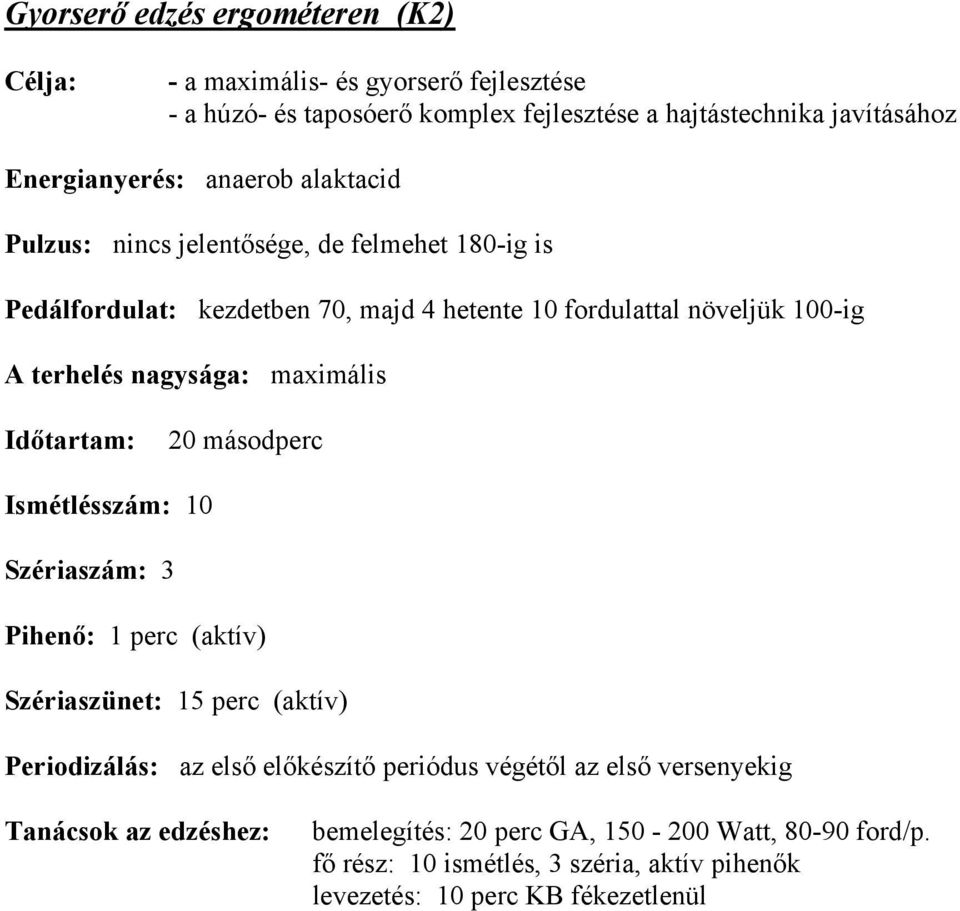 maximális 20 másodperc Ismétlésszám: 10 Szériaszám: 3 Pihenő: 1 perc (aktív) Szériaszünet: 15 perc (aktív) az első előkészítő periódus végétől az első