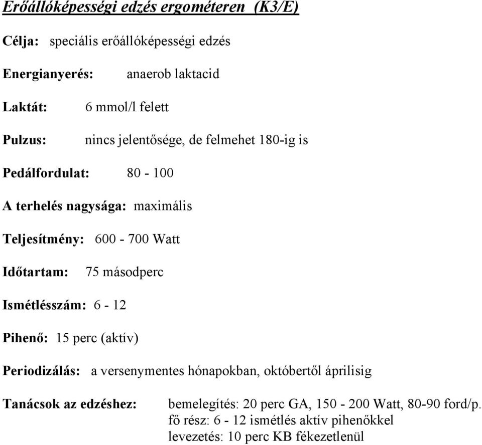 másodperc Ismétlésszám: 6-12 Pihenő: 15 perc (aktív) a versenymentes hónapokban, októbertől áprilisig Tanácsok az