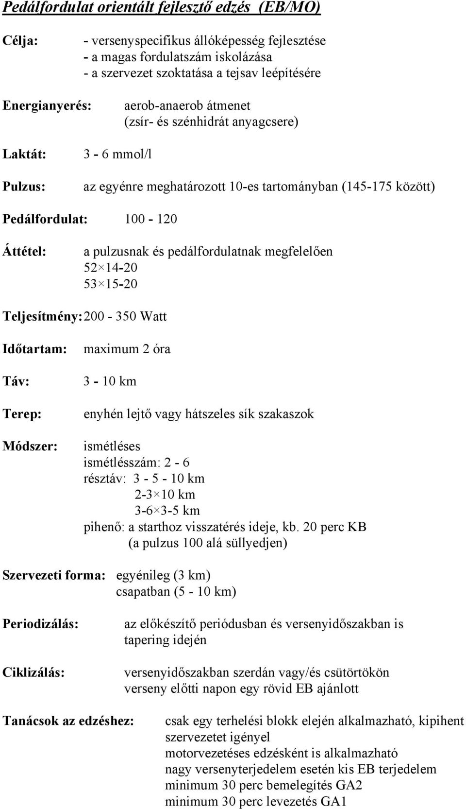 Teljesítmény: 200-350 Watt Táv: Terep: maximum 2 óra 3-10 km enyhén lejtő vagy hátszeles sík szakaszok ismétléses ismétlésszám: 2-6 résztáv: 3-5 - 10 km 2-3 10 km 3-6 3-5 km pihenő: a starthoz