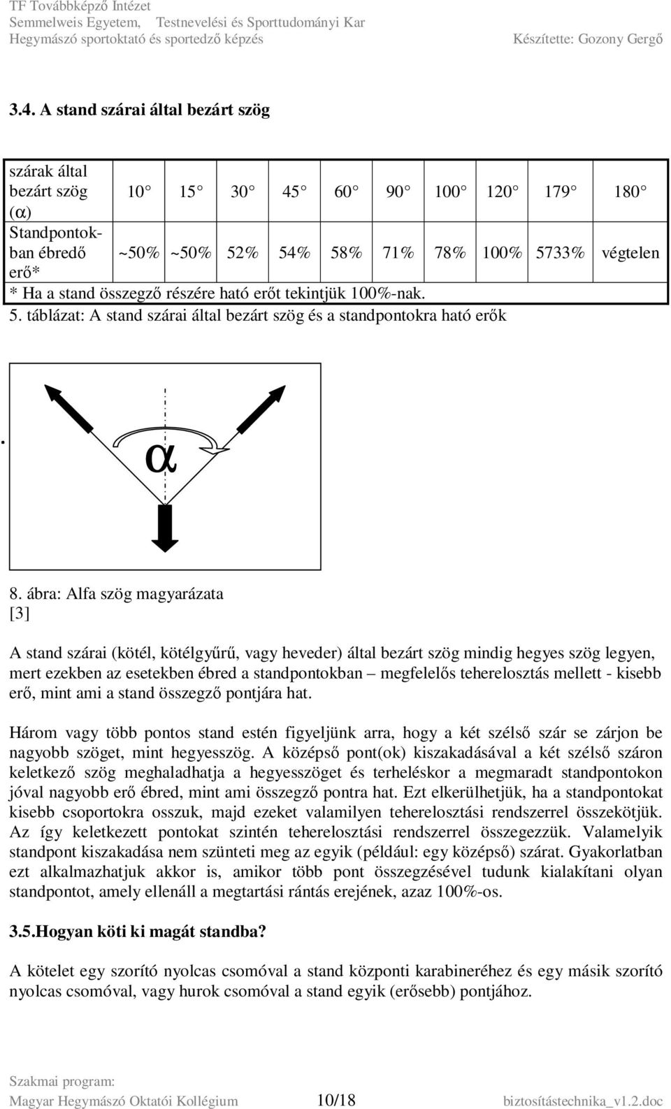 részére ható erőt tekintjük 100%-nak. 5. táblázat: A stand szárai által bezárt szög és a standpontokra ható erők α 8.