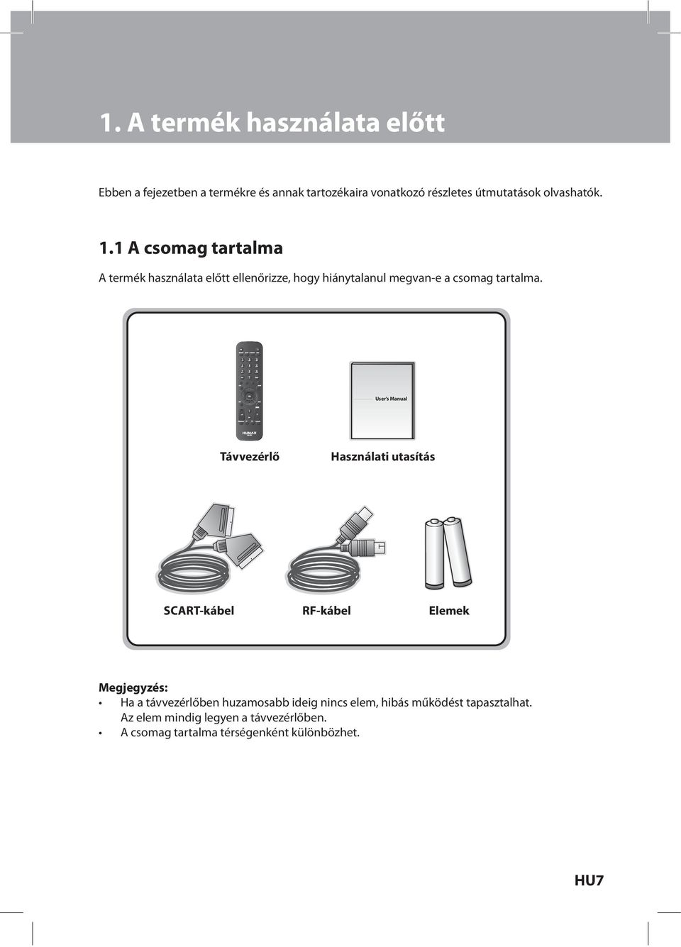 User s Manual Távvezérlő Használati utasítás SCART-kábel RF-kábel Elemek Megjegyzés: Ha a távvezérlőben huzamosabb