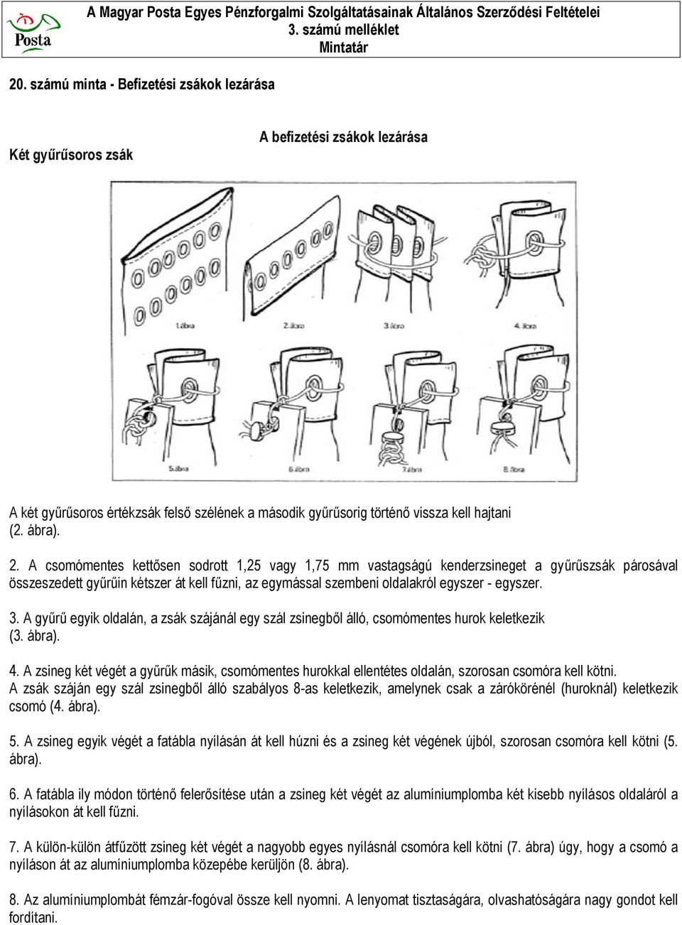 A gyűrű egyik oldalán, a zsák szájánál egy szál zsinegből álló, csomómentes hurok keletkezik (3. ábra). 4.