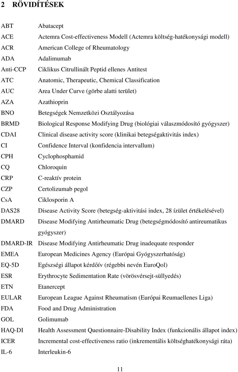 Modifying Drug (biológiai válaszmódosító gyógyszer) CDAI Clinical disease activity score (klinikai betegségaktivitás index) CI Confidence Interval (konfidencia intervallum) CPH Cyclophosphamid CQ