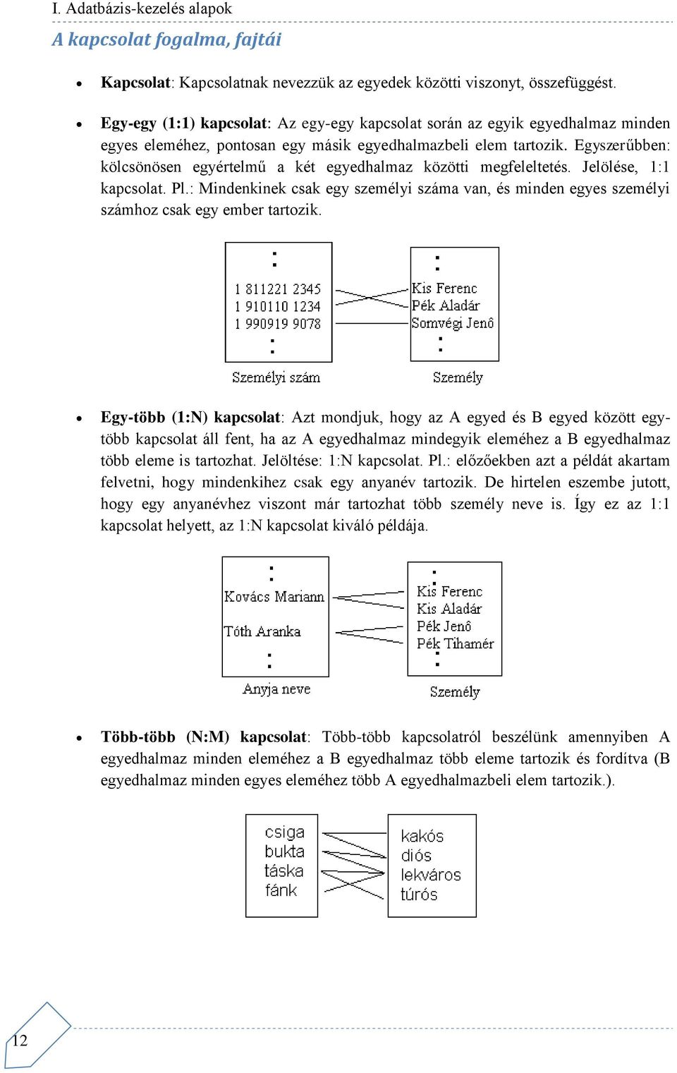 Egyszerűbben: kölcsönösen egyértelmű a két egyedhalmaz közötti megfeleltetés. Jelölése, 1:1 kapcsolat. Pl.