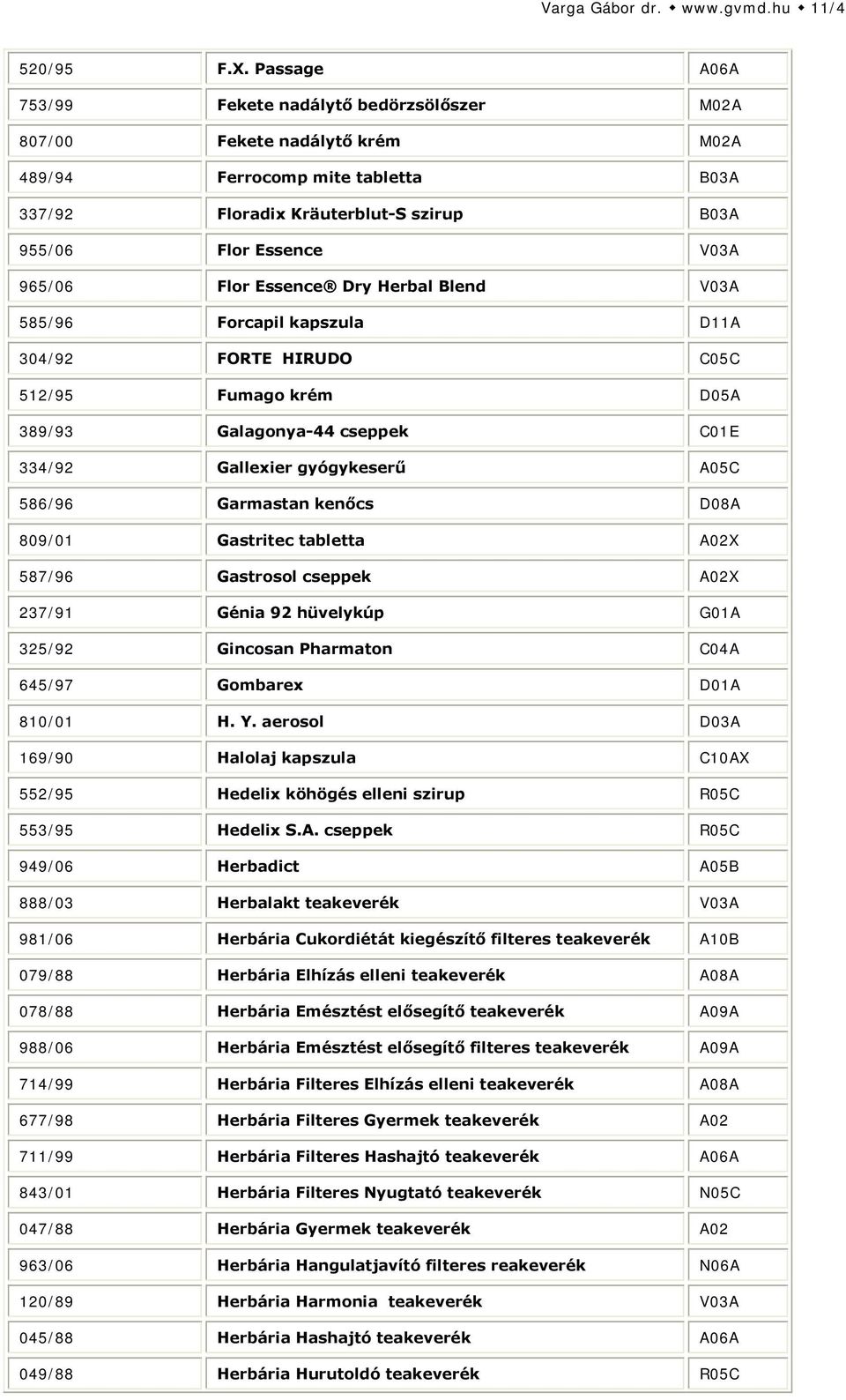 Flor Essence Dry Herbal Blend V03A 585/96 Forcapil kapszula D11A 304/92 FORTE HIRUDO C05C 512/95 Fumago krém D05A 389/93 Galagonya-44 cseppek C01E 334/92 Gallexier gyógykeserű A05C 586/96 Garmastan