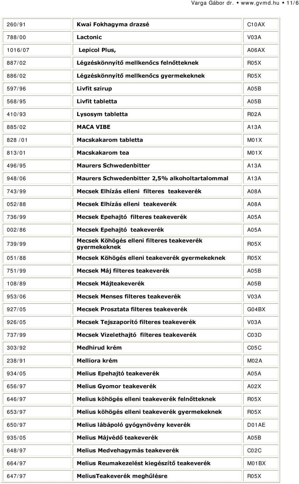 597/96 Livfit szirup A05B 568/95 Livfit tabletta A05B 410/93 Lysosym tabletta R02A 885/02 MACA VIBE A13A 828 /01 Macskakarom tabletta M01X 813/01 Macskakarom tea M01X 496/95 Maurers Schwedenbitter