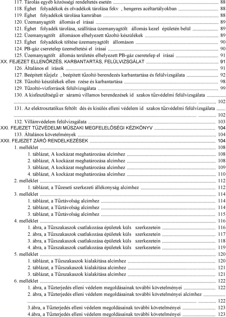 Éghető folyadékok töltése üzemanyagtöltő állomáson 124. PBgáz cseretelep üzemeltetési előírásai 125. Üzemanyagtöltő állomás területén elhelyezett PBgáz cseretelep előírásai XX.