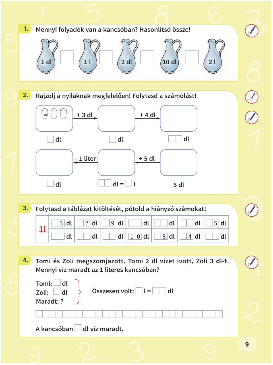 1 dl + 3 dl + 4 dl dl dl dl 1 liter + 5 dl dl dl = l 5 dl Folytasd a táblázat kitöltését, pótold a hiányzó számokat!