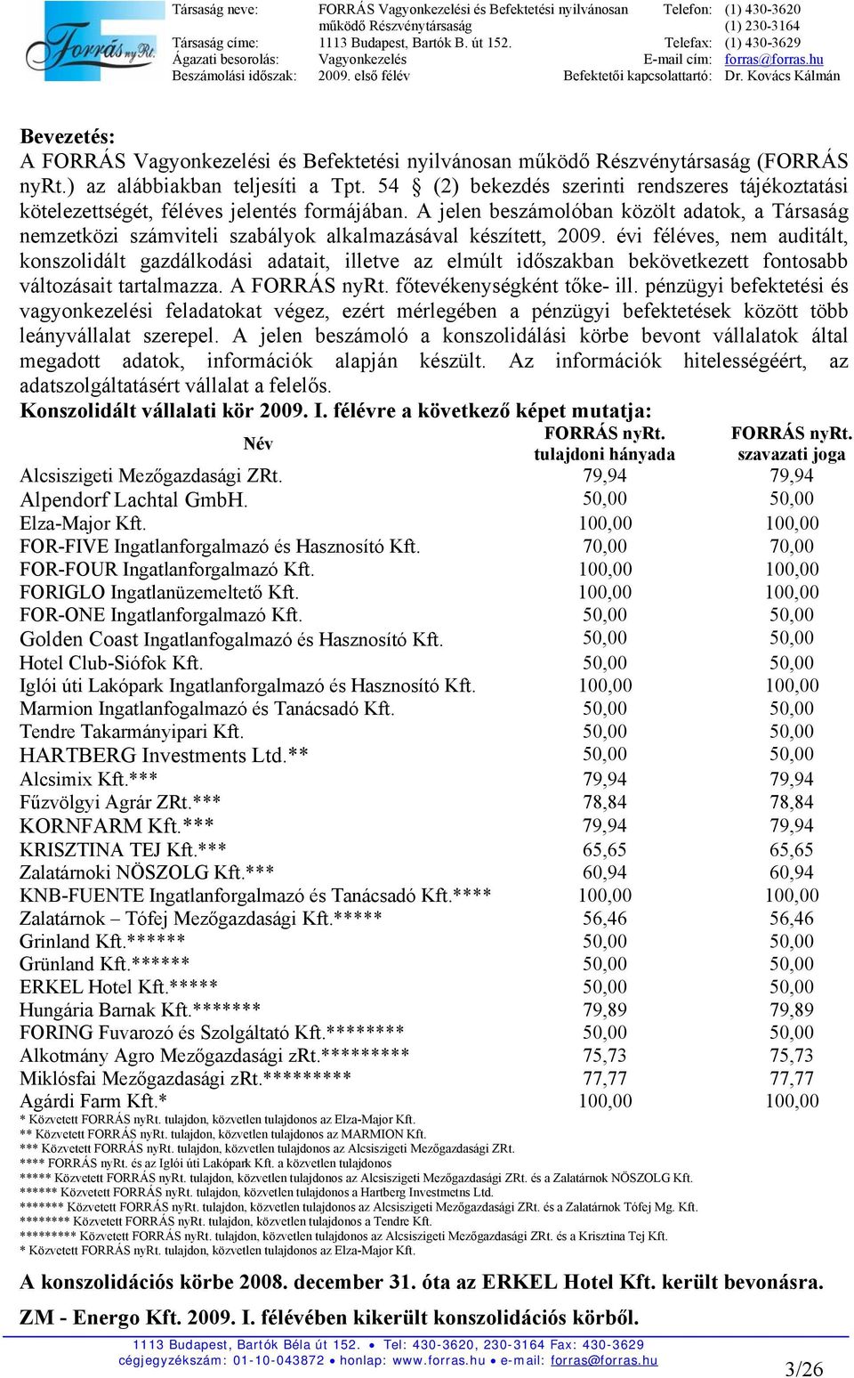 A jelen beszámolóban közölt adatok, a Társaság nemzetközi számviteli szabályok alkalmazásával készített, 2009.