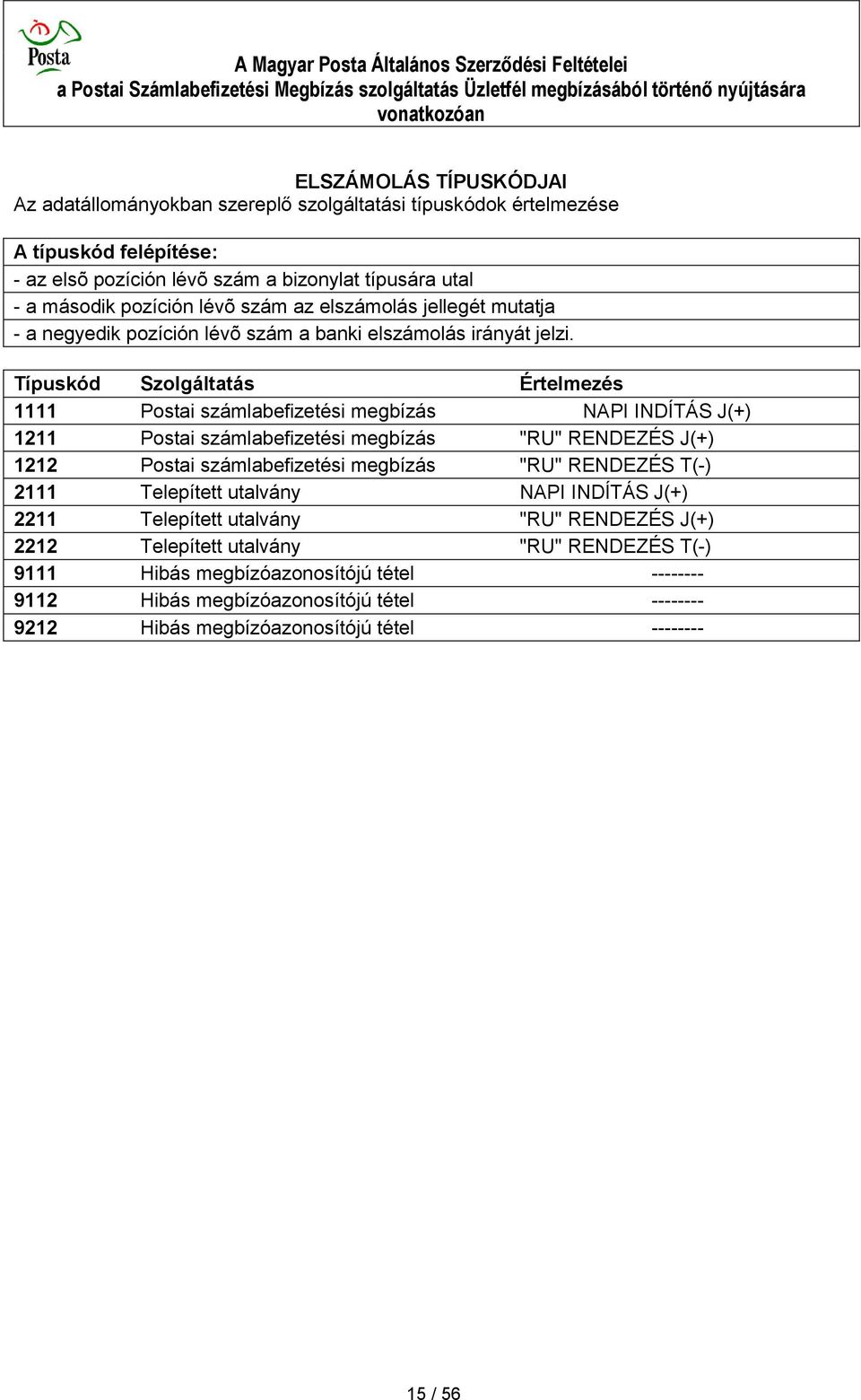 Típuskód Szolgáltatás Értelmezés 1111 Postai számlabefizetési megbízás NAPI INDÍTÁS J(+) 1211 Postai számlabefizetési megbízás "RU" RENDEZÉS J(+) 1212 Postai számlabefizetési megbízás "RU"