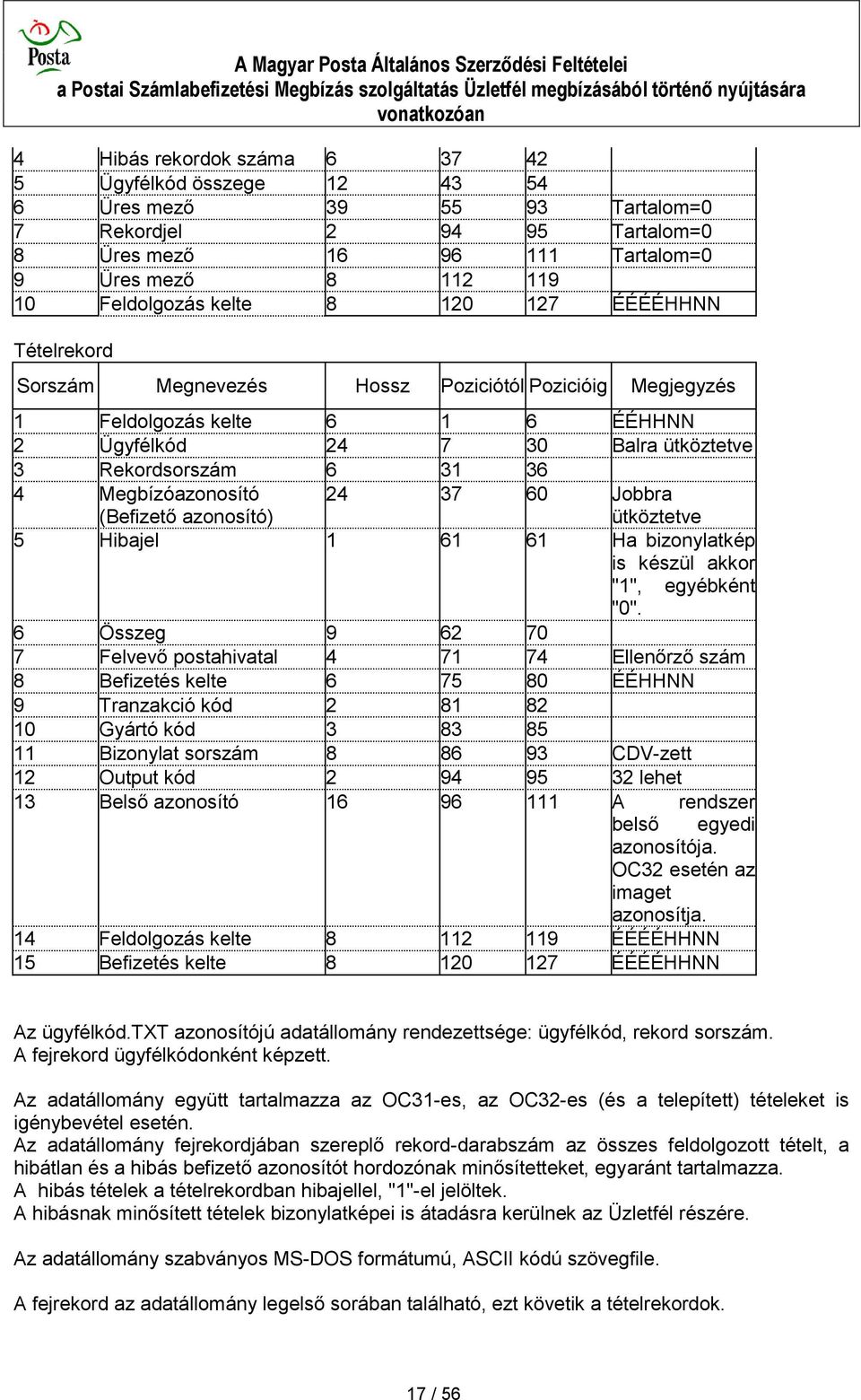 Megbízóazonosító (Befizető azonosító) 24 37 60 Jobbra ütköztetve 5 Hibajel 1 61 61 Ha bizonylatkép is készül akkor "1", egyébként "0".