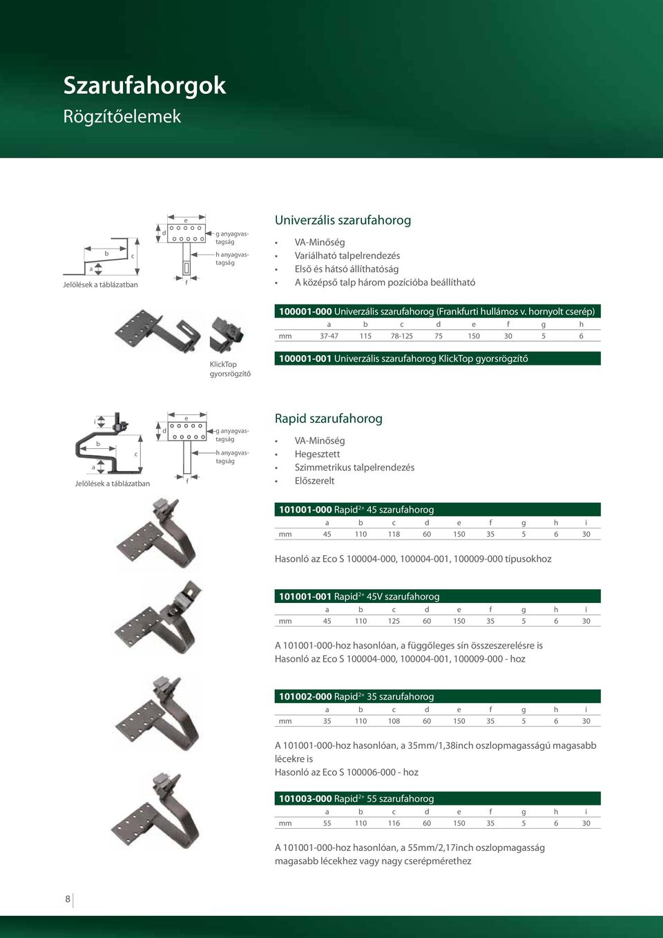 hornyolt cserép) a b c d e f g h mm 37-47 115 78-125 75 150 30 5 6 KlickTop gyorsrögzítő 100001-001 Univerzális szarufahorog KlickTop gyorsrögzítő i b c a Jelölések a táblázatban d e f g