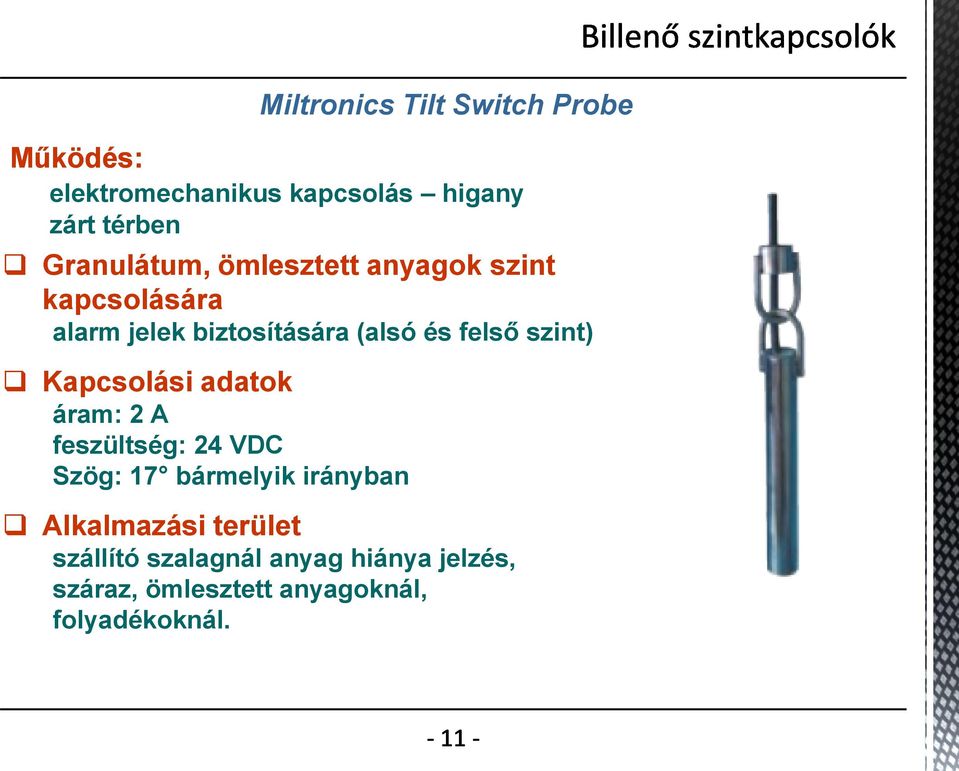 szint) Kapcsolási adatok áram: 2 A feszültség: 24 VDC Szög: 17 bármelyik irányban