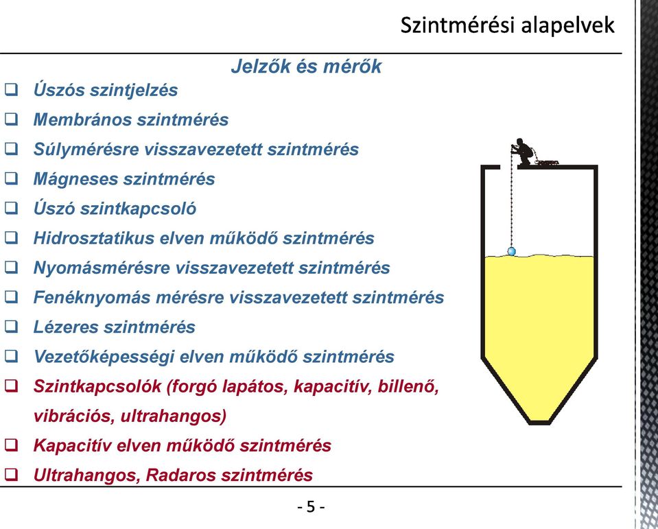 mérésre visszavezetett szintmérés Lézeres szintmérés Vezetőképességi elven működő szintmérés Szintkapcsolók