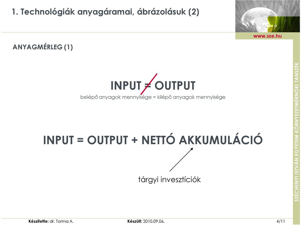 anyagok mennyisége INPUT = OUTPUT + NETTÓ AKKUMULÁCIÓ