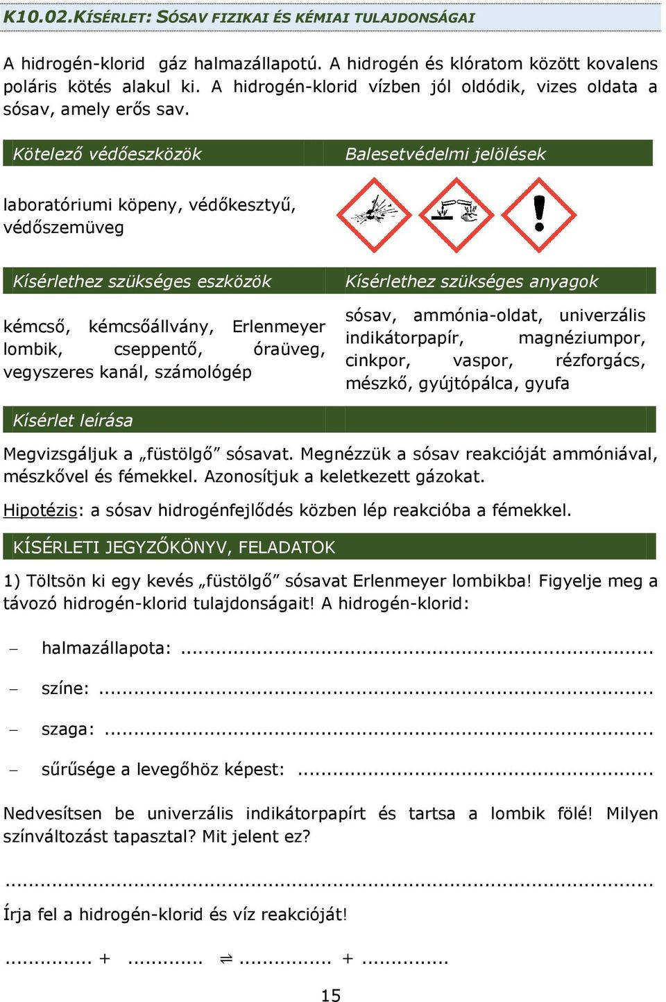 Kötelező védőeszközök Balesetvédelmi jelölések laboratóriumi köpeny, védőkesztyű, védőszemüveg Kísérlethez szükséges eszközök kémcső, kémcsőállvány, Erlenmeyer lombik, cseppentő, óraüveg, vegyszeres