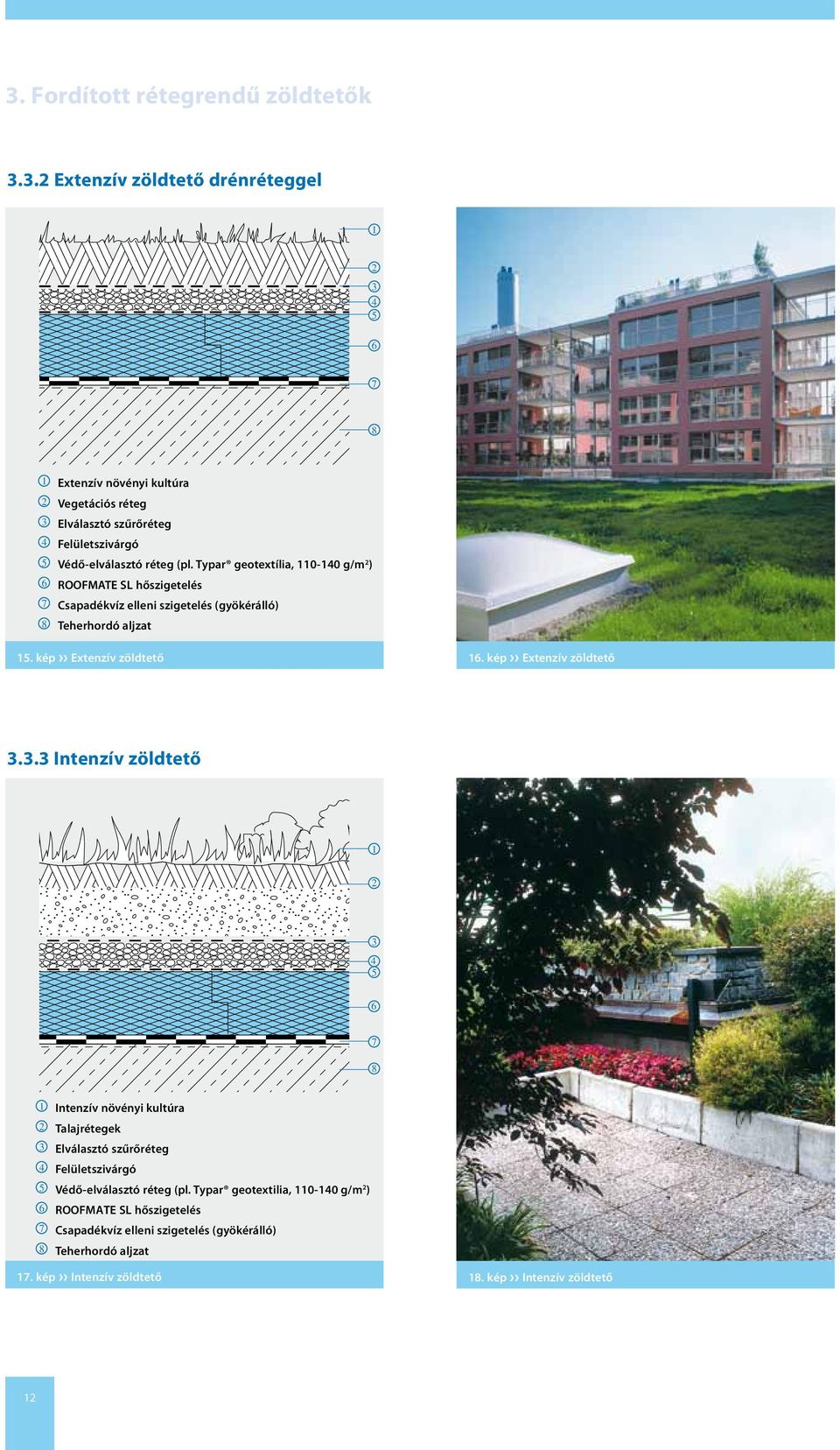 Typar geotextília, 0-0 g/m ) 6 ROOFMATE SL hőszigetelés 7 Csapadékvíz elleni szigetelés (gyökérálló) 8 Teherhordó aljzat 6.. ábra kép Extenzív zöldtető 6.