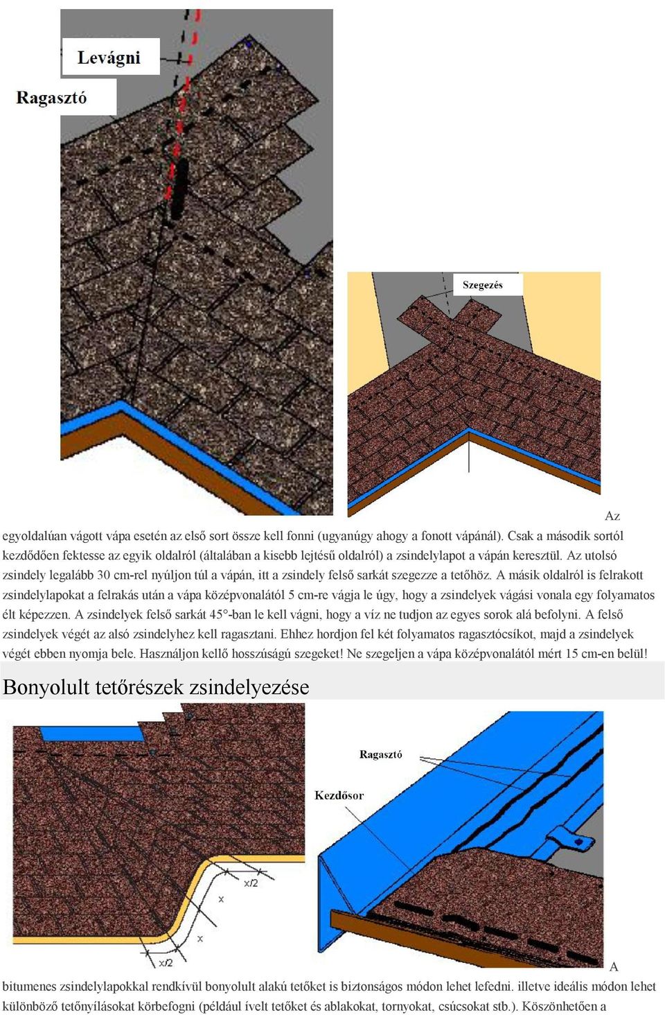 Az utolsó zsindely legalább 30 cm-rel nyúljon túl a vápán, itt a zsindely felső sarkát szegezze a tetőhöz.