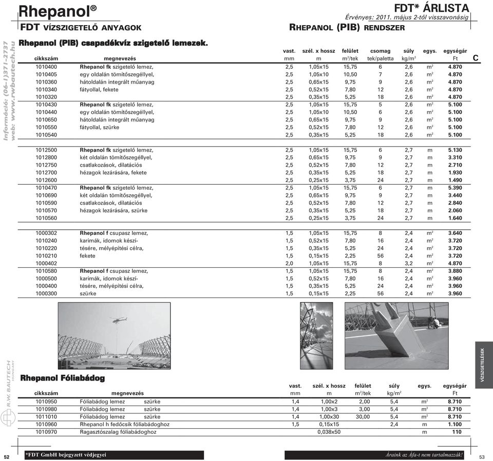 870 1010405 egy oldalán tömítõszegéllyel, 2,5 1,05x10 10,50 7 2,6 m 2 4.870 1010360 hátoldalán integrált mûanyag 2,5 0,65x15 9,75 9 2,6 m 2 4.