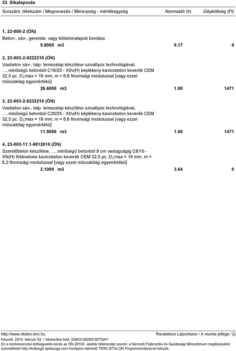 00 1471 3, 23-003-2-0232210 (ÖN) Vasbeton sáv-, talp- lemezalap készítése szivattyús technológiával,...minőségű betonból C20/25 - X0v(H) képlékeny kavicsbeton keverék CEM 32,5 pc.