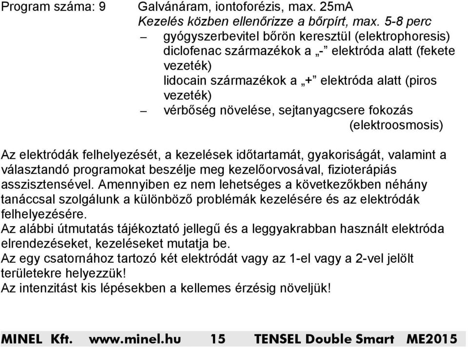 sejtanyagcsere fokozás (elektroosmosis) Az elektródák felhelyezését, a kezelések időtartamát, gyakoriságát, valamint a választandó programokat beszélje meg kezelőorvosával, fizioterápiás