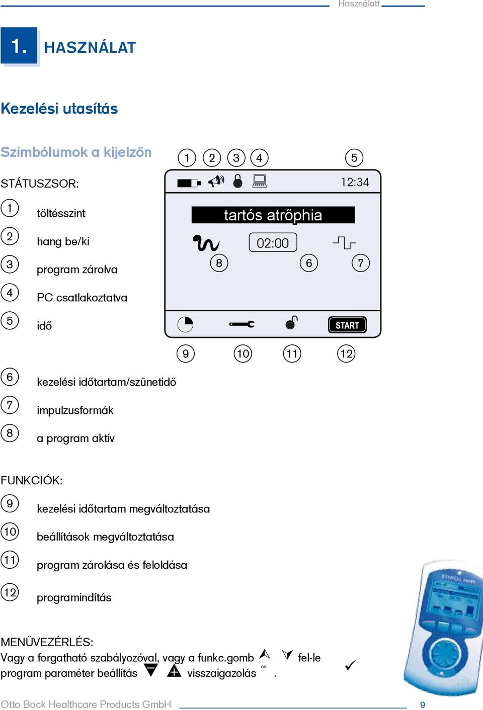 6 7 4 PC csatlakoztatva 5 idő 9 10 11 12 6 kezelési időtartam/szünetidő 7 impulzusformák 8 a program aktív FUNKCIÓK: 9 kezelési