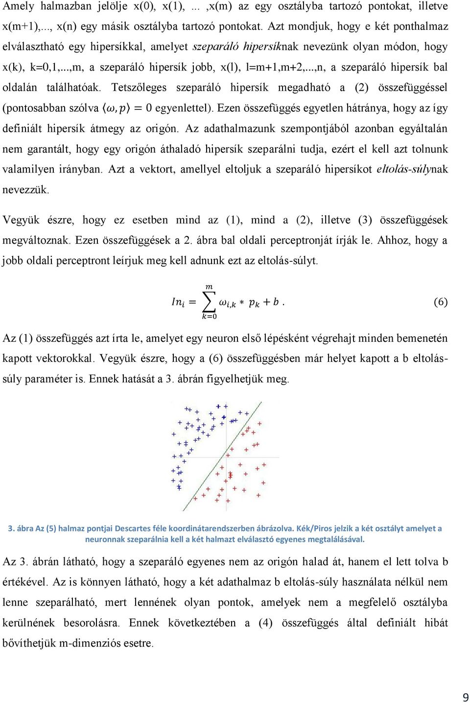 ..,n, a szeparáló hipersík bal oldalán találhatóak. Tetszőleges szeparáló hipersík megadható a (2) összefüggéssel (pontosabban szólva egyenlettel).