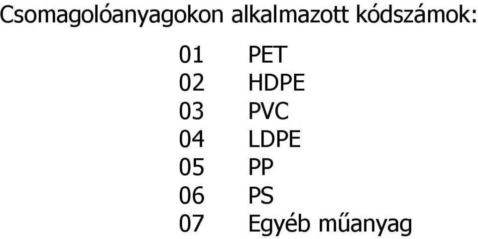 01 PET 02 HDPE 03 PVC 04