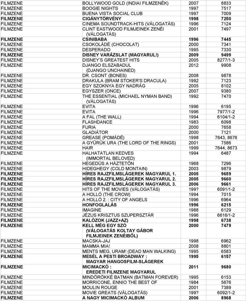 VARÁZSLAT (MAGYARUL!) 2009 9499 FILMZENE DISNEY S GREATEST HITS 2005 8277/1-3 FILMZENE DJANGO ELSZABADUL 2012 9908 (DJANGO UNCHAINED) FILMZENE DR.