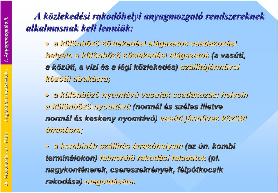 különböző közlekedési alágazatok (a vasúti, a közúti, a vízi és a légi közlekedés) szállítójárművei közötti átrakásra; a különböző nyomtávú vasutak csatlakozási