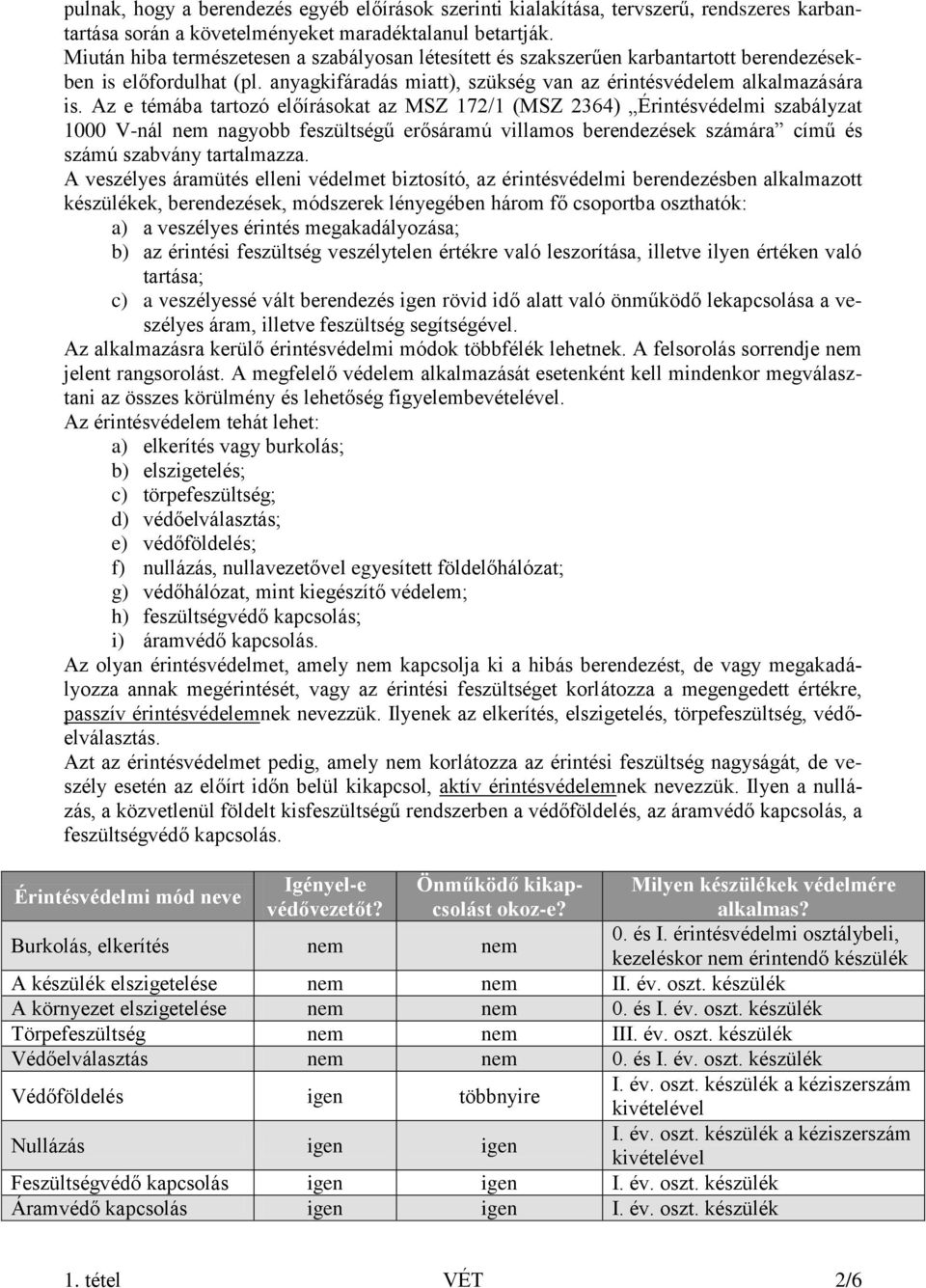 Az e témába tartozó előírásokat az MSZ 172/1 (MSZ 2364) Érintésvédelmi szabályzat 1000 V-nál nem nagyobb feszültségű erősáramú villamos berendezések számára című és számú szabvány tartalmazza.