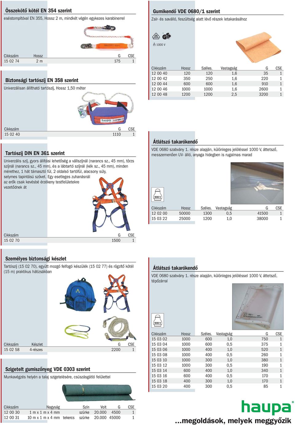 Vastagság G CSE 12 00 40 120 120 1,6 35 1 12 00 42 350 250 1,6 220 1 12 00 44 600 600 1,6 910 1 12 00 46 1000 1000 1,6 2600 1 12 00 48 1200 1200 2,5 3200 1 15 02 40 1110 1 Tartószíj DIN EN 361