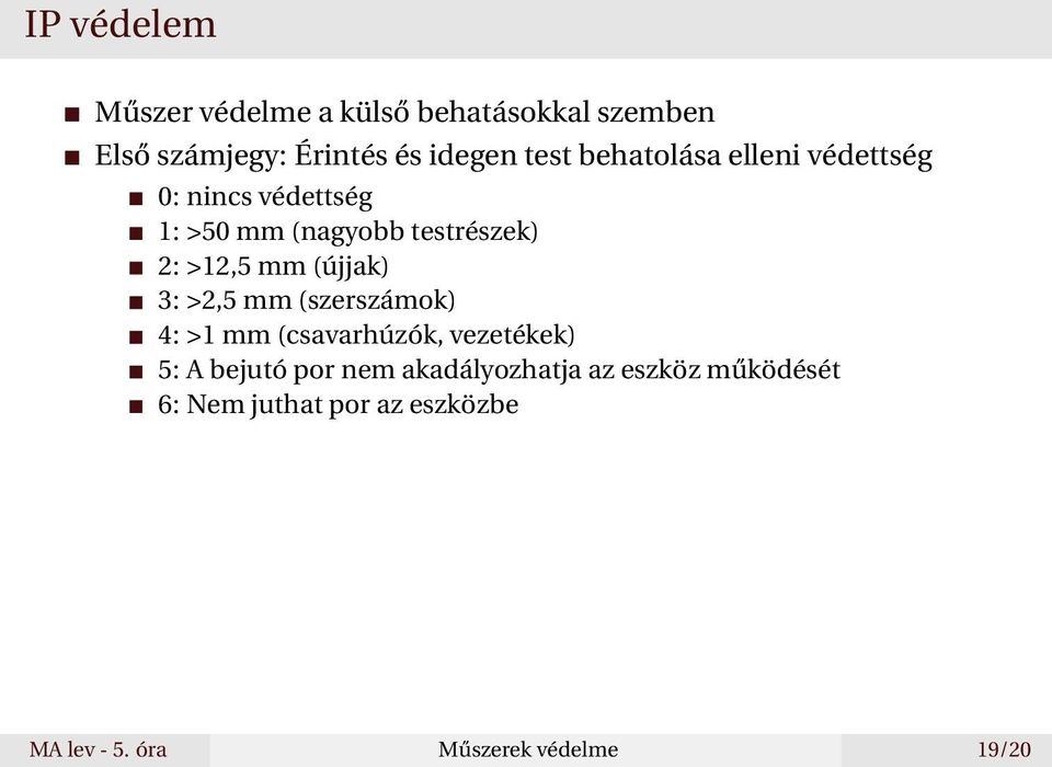 (újjak) 3: >2,5 mm (szerszámok) 4: >1 mm (csavarhúzók, vezetékek) 5: A bejutó por nem