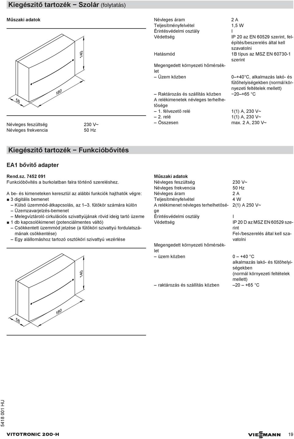 névleges terhelhetősége 1. félvezető relé 1(1) A, 230 V~ 2. relé 1(1) A, 230 V~ Összesen max. 2 A, 230 V~ Kiegészítő tartozék Funkcióbővítés EA1 bővítő adapter Rend.sz. 7452 091 Funkcióbővítés a burkolatban falra történő szereléshez.