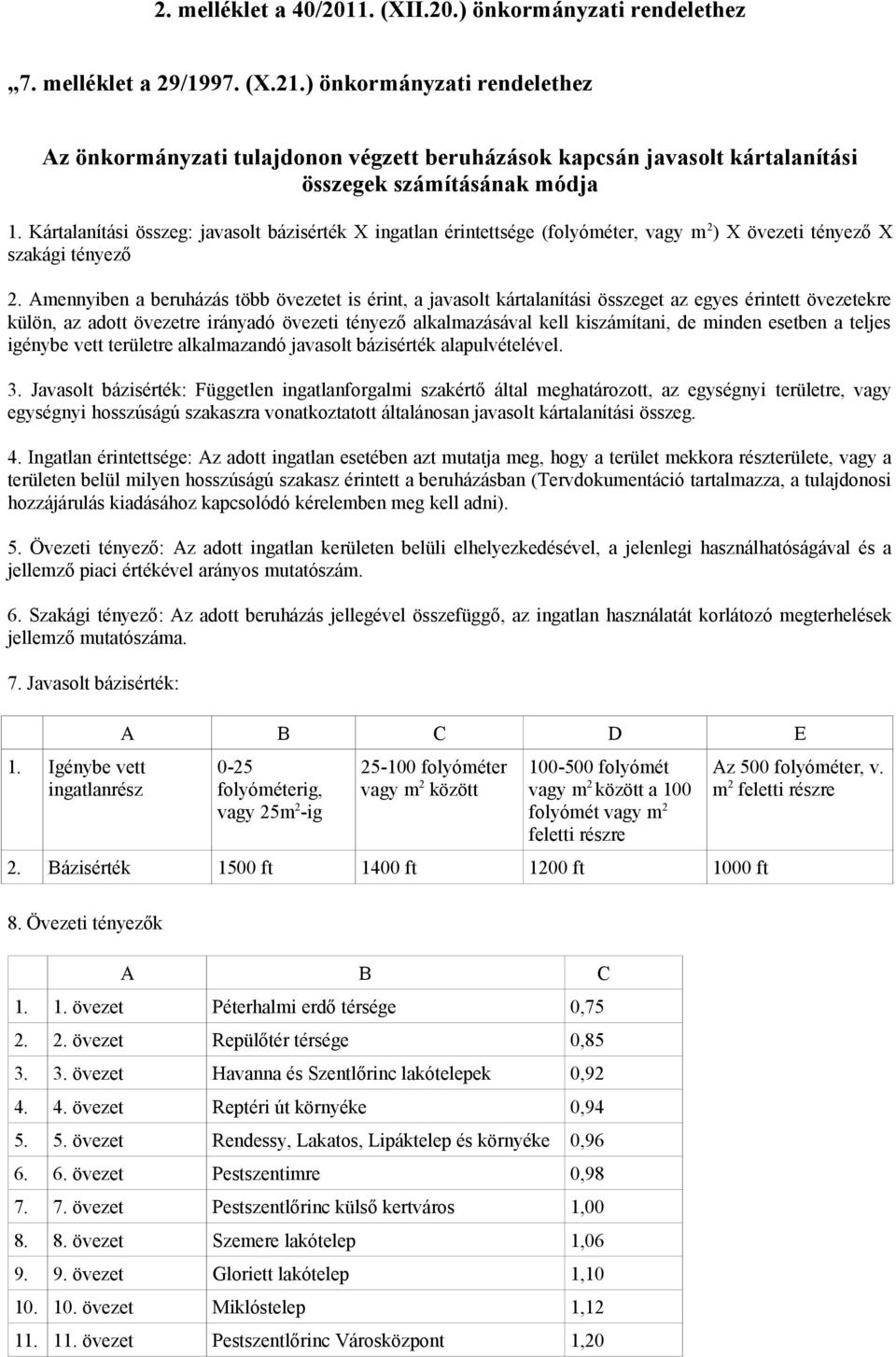 Kártalanítási összeg: javasolt bázisérték X ingatlan érintettsége (folyóméter, vagy m 2 ) X övezeti tényező X szakági tényező 2.