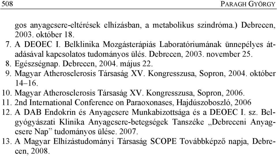 Magyar Atherosclerosis Társaság XV. Kongresszusa, Sopron, 2004. október 14 16. 10. Magyar Atherosclerosis Társaság XV. Kongresszusa, Sopron, 2006. 11.