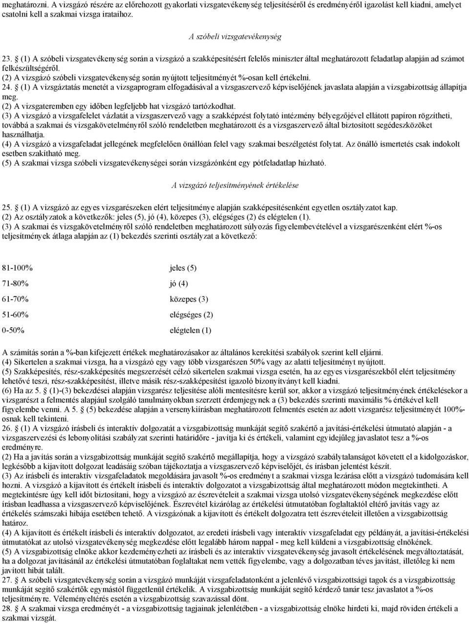 (2) A vizsgázó szóbeli vizsgatevékenység során nyújtott teljesítményét %-osan kell értékelni. 24.