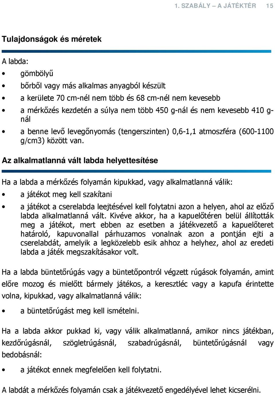 Az alkalmatlanná vált labda helyettesítése Ha a labda a mérkőzés folyamán kipukkad, vagy alkalmatlanná válik: a játékot meg kell szakítani a játékot a cserelabda leejtésével kell folytatni azon a