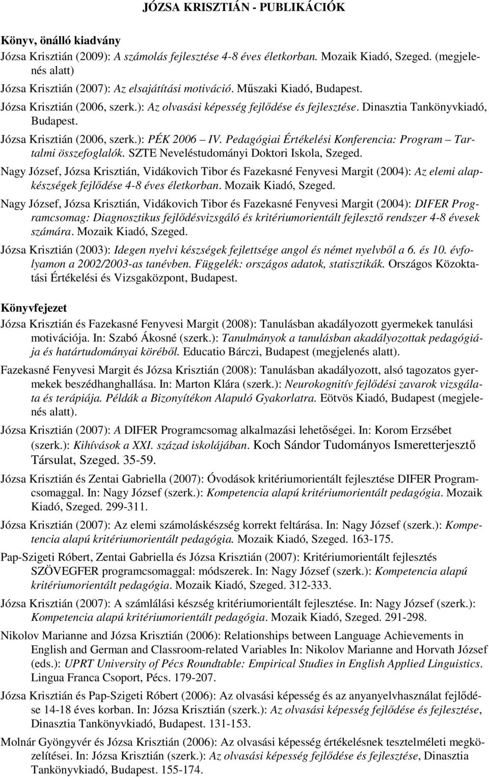 Dinasztia Tankönyvkiadó, Budapest. Józsa Krisztián (2006, szerk.): PÉK 2006 IV. Pedagógiai Értékelési Konferencia: Program Tartalmi összefoglalók. SZTE Neveléstudományi Doktori Iskola, Szeged.