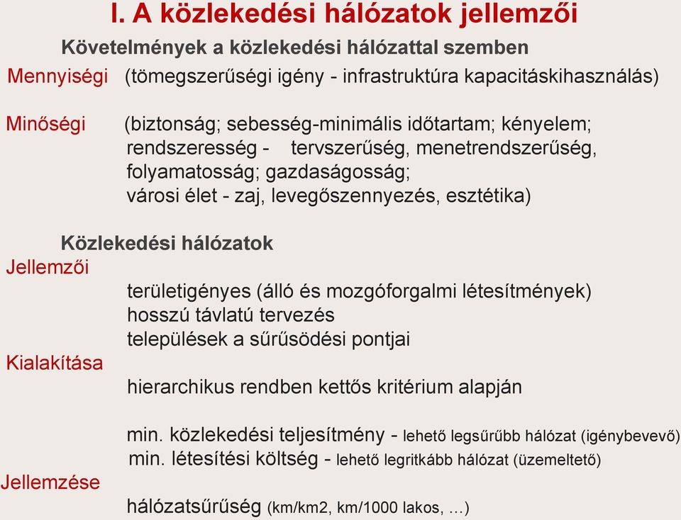 hálózatok Jellemző területgényes (álló és mozgóforgalm létesítmények) hosszú távlatú tervezés települések a sűrűsödés pontja Kalakítása herarchkus rendben kettős krtérum