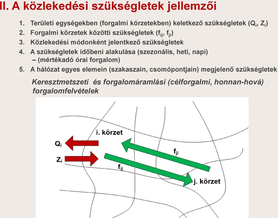 Forgalm körzetek között szükségletek (f j, f j ) 3. Közlekedés módonként jelentkező szükségletek 4.