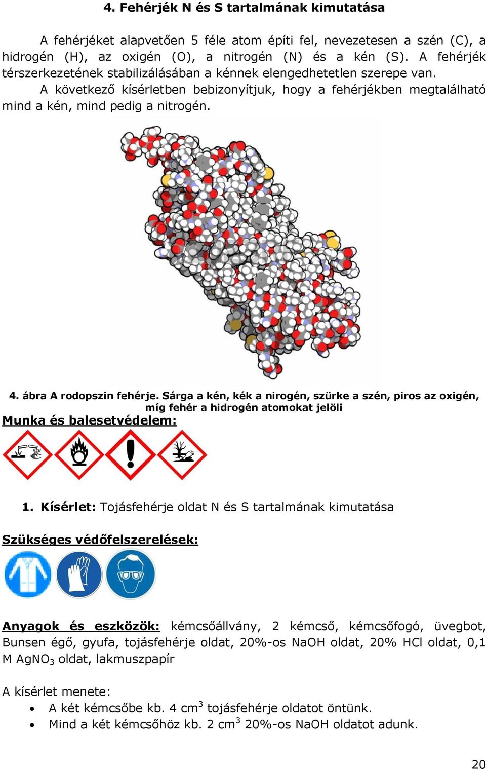 ábra A rodopszin fehérje. Sárga a kén, kék a nirogén, szürke a szén, piros az oxigén, míg fehér a hidrogén atomokat jelöli Munka és balesetvédelem: 1.