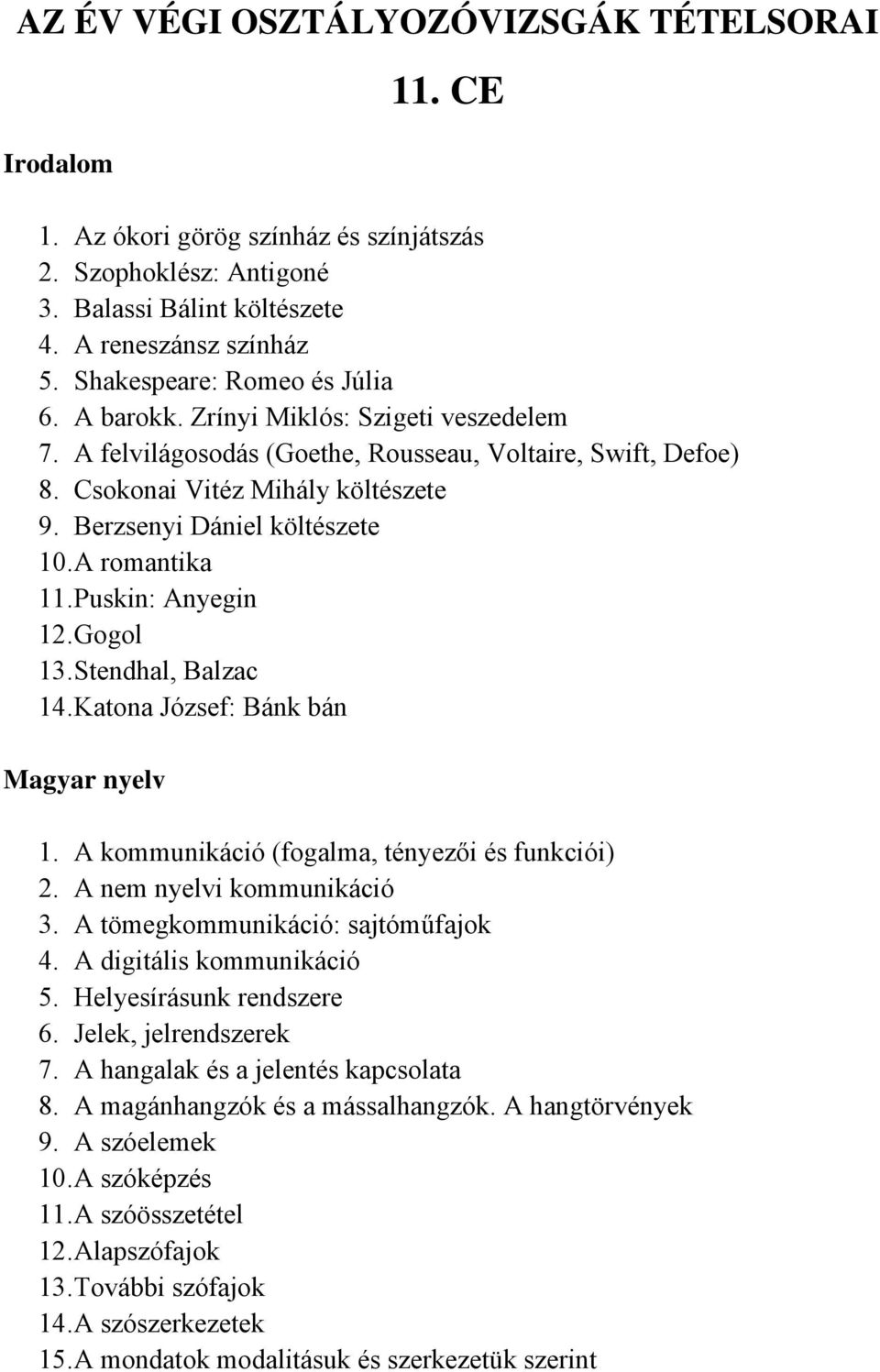 Berzsenyi Dániel költészete 10. A romantika 11. Puskin: Anyegin 12. Gogol 13. Stendhal, Balzac 14. Katona József: Bánk bán Magyar nyelv 1. A kommunikáció (fogalma, tényezői és funkciói) 2.