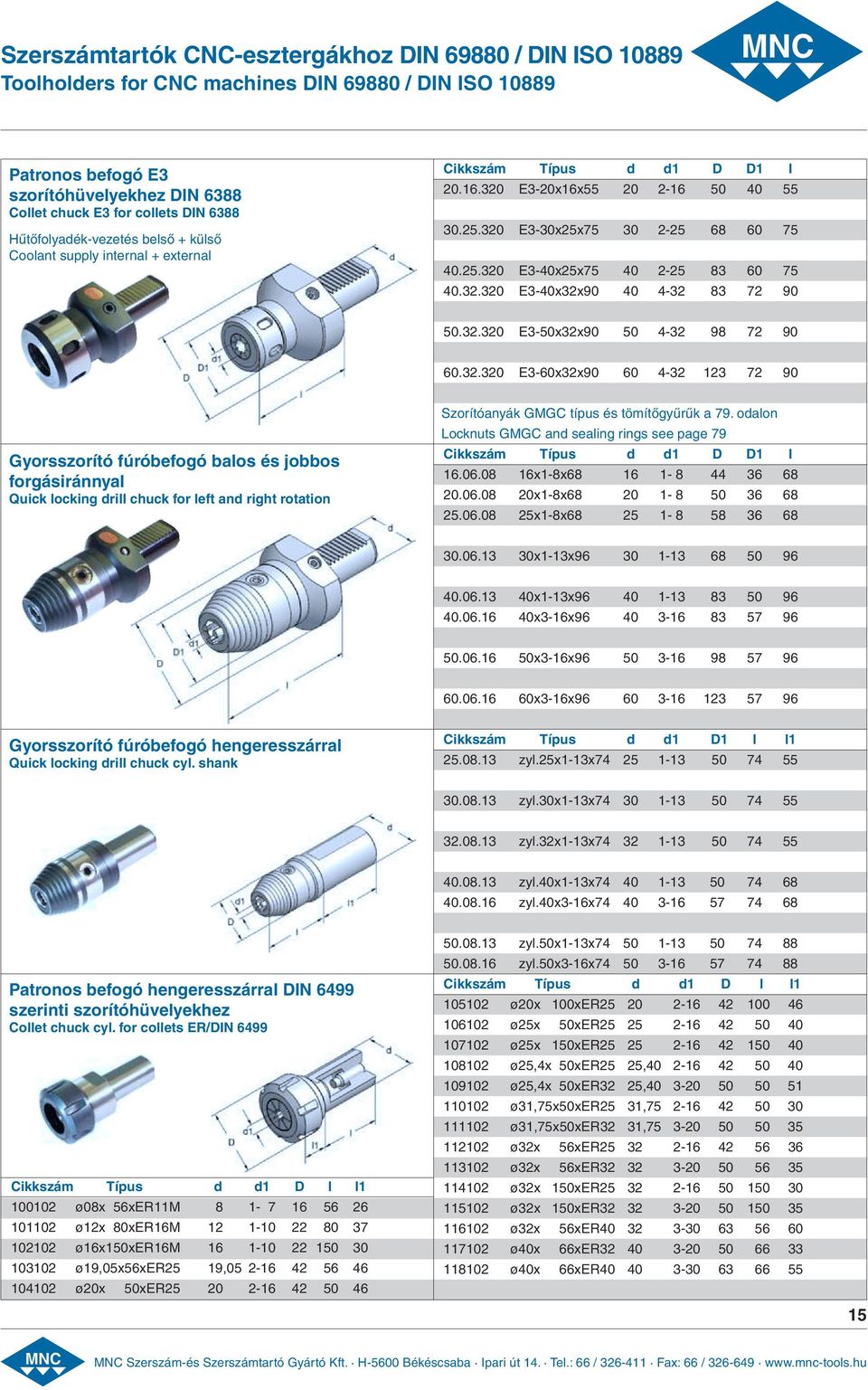 32.320 E3-40x32x90 40 4-32 83 72 90 50.32.320 E3-50x32x90 50 4-32 98 72 90 60.32.320 E3-60x32x90 60 4-32 123 72 90 Gyorsszorító fúróbefogó balos és jobbos forgásiránnyal Quick locking drill chuck for left and right rotation Szorítóanyák GMGC típus és tömítőgyűrűk a 79.