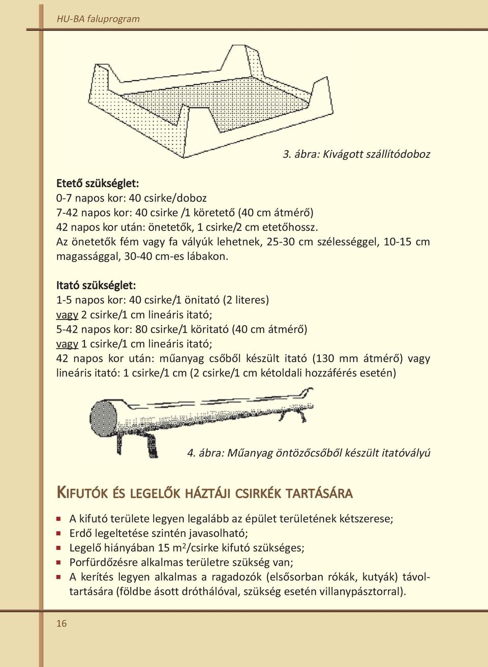 Itató szükséglet: 1-5 napos kor: 40 csirke/1 önitató (2 literes) vagy 2 csirke/1 cm lineáris itató; 5-42 napos kor: 80 csirke/1 köritató (40 cm átmérõ) vagy 1 csirke/1 cm lineáris itató; 42 napos kor